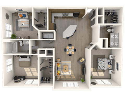 Floor plan for 3 beds, 2 baths, 1564 sqft